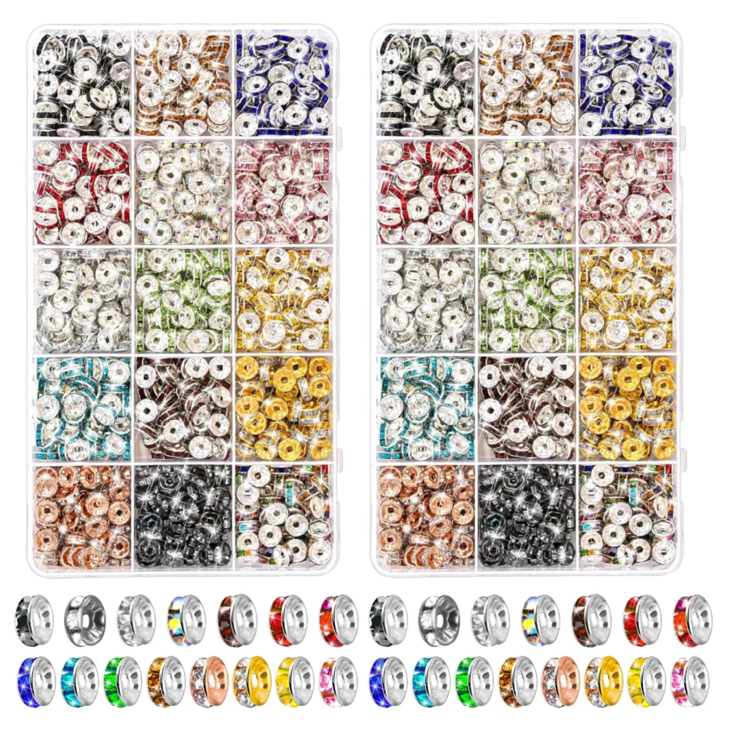 [Summervibes] A Set of 2 Boxes Rondelle Spacer Beads for Jewelry Making,15 Color 8mm Rhinestone Spacer Beads,Crystal Bead Spacers for Bracelets,Focal Beads for Pen,DIY Hand Tools Kits