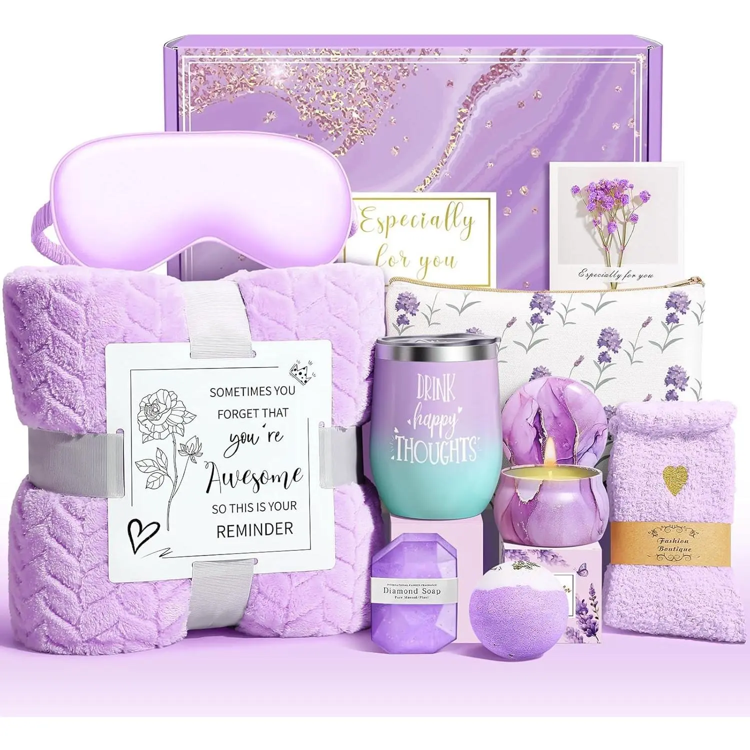 Women's Lavender Scented Flannel Self-Care Gift Set - Boss Lady Gift with Basket, 12oz Motivational Tumbler, Flower, Luxury Box, Fuzzy Socks, Hearts, Hot-Cold Retention - Festive Home Supplies for Mom (Valentine's Day)