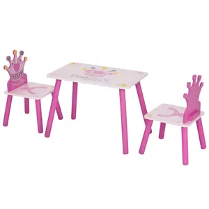 3 Piece Wooden Kids Table and 2 High Back Chairs Crown Pattern Gift for Girls Toddlers Ages 2 to 4 for Bedroom Reading Corner