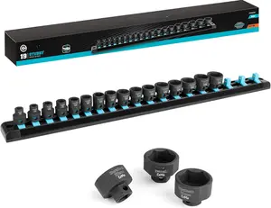 3/8" Drive Stubby Impact Socket Set, Low Profile Impact Sockets, 19-, Metric, Size Covers 6-24mm, Cr-Mo Steel, Organized in  Storage Rail