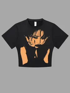 Women's Silhouette Print Round Neck Crop Tee, Activewear T Shirt, Sporty Breathable Quick Drying Crew Neck T-Shirt for Yoga Gym Workout Running, Ladies Sportswear for Summer