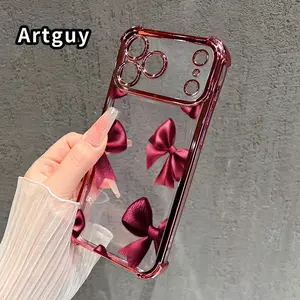 Protective Four Corners Plated Clear Phone case for iPhone 17 Pro Max 16 15 Plus Air 14 13 12 11 E Burgundy Bows Patterned Shockproof Transparent Soft Silicone Cover