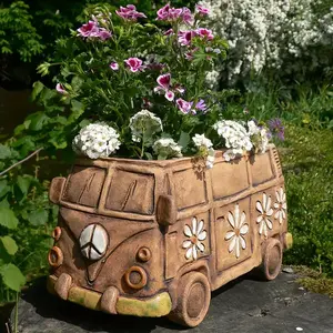 Vintage Hippie Train Resin Planter, Vintage Appearance, Creative Indoor Outdoor Decor, Multifunctional Room Accent, No Power Needed, Car Model, Garden Decoration, Resin Material