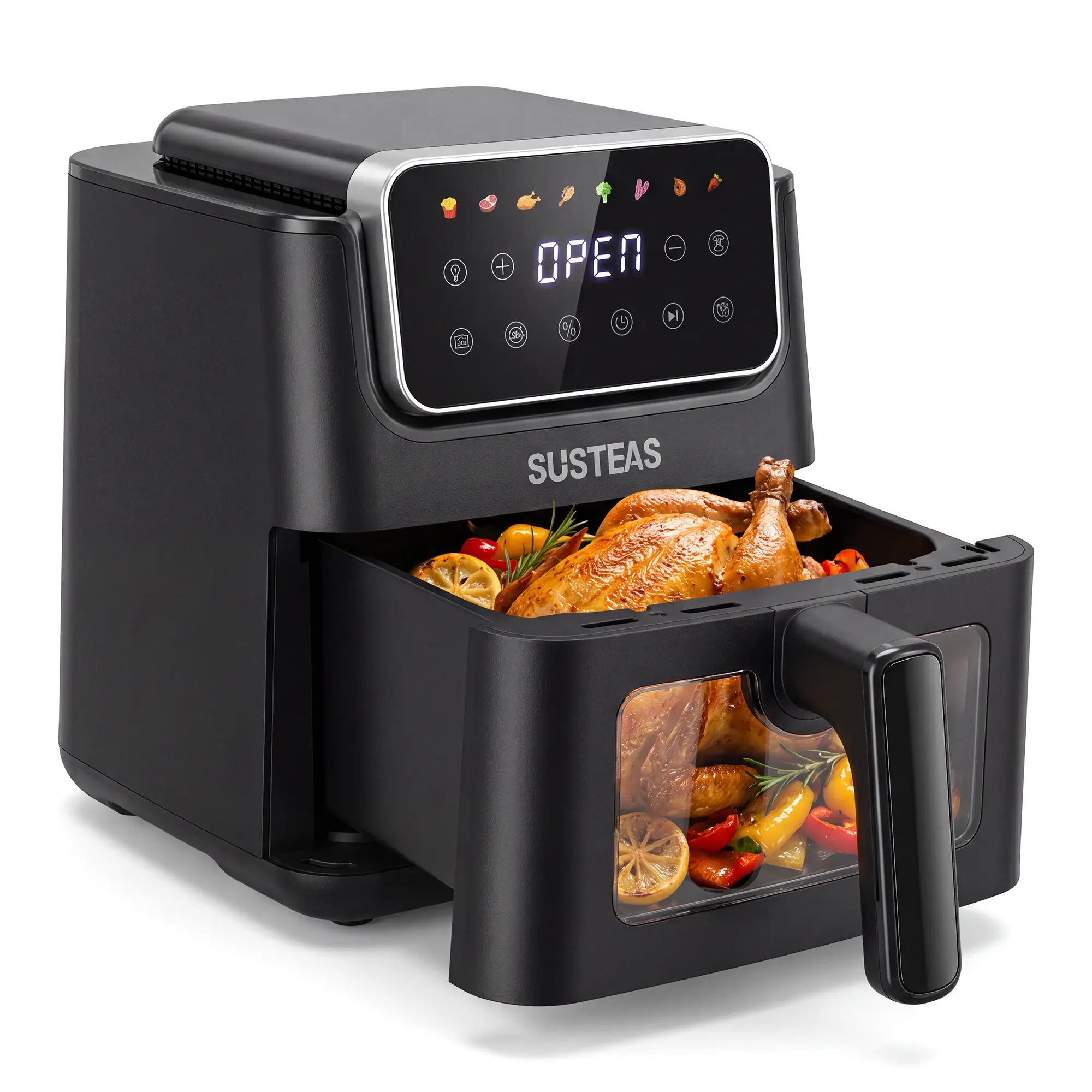 SUSTEAS 8-in-1 Air Fryer - 1500W Power, Color Touch Screen, Viewing Window with Internal Oven Light, Plastic/Metal Interior, Non-Stick Pot & Tray, Reheat, Keep Warm, Delay Start, 4.8QT/6.3QT Optional Capacity