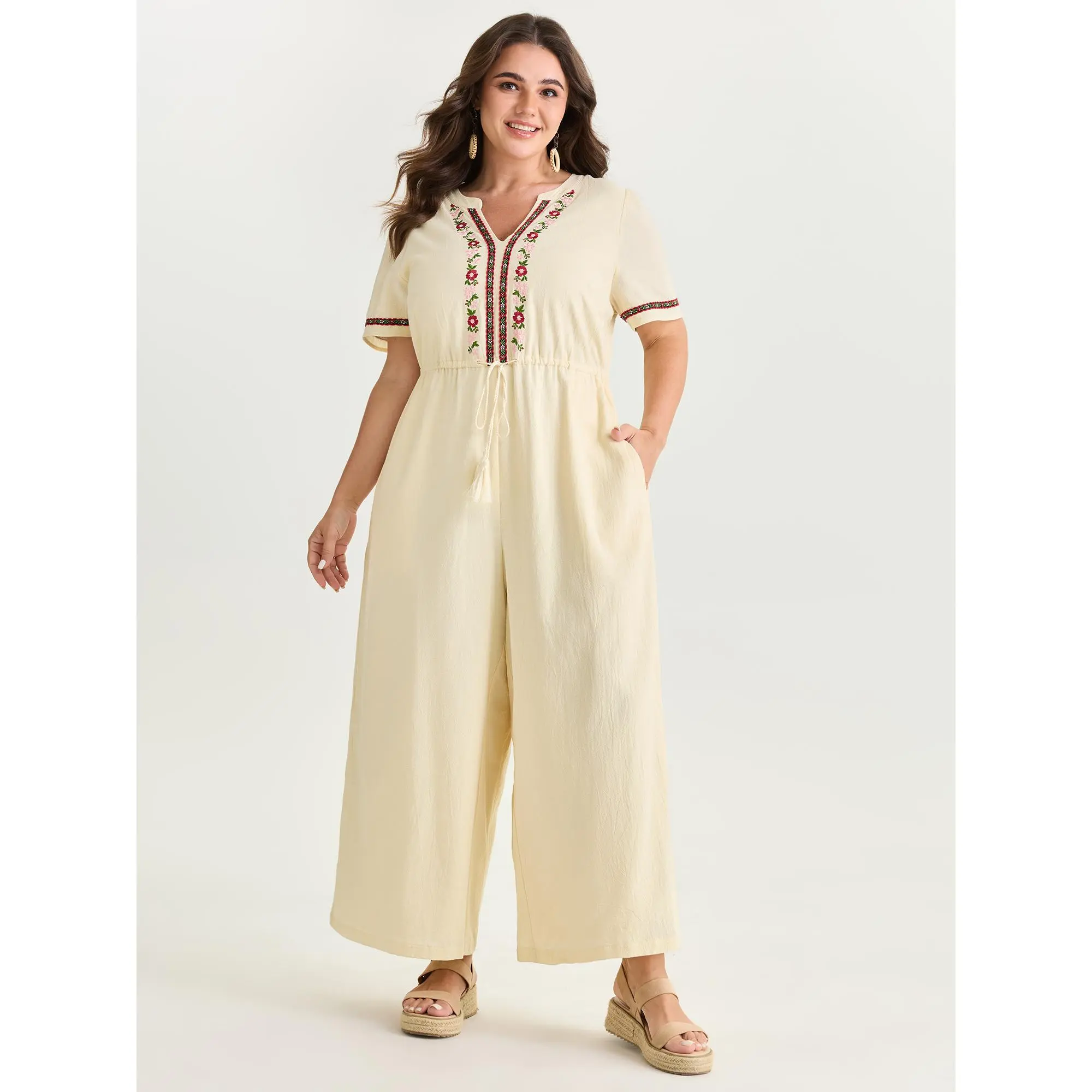 BloomChic Women's Plus Size Boho Cotton Jumpsuit with Floral Embroidery, Short Sleeves, Tassel Waist Tie & Pockets, Smooth, Overalls, Garment, Tassel Tie, Bohemian, Cotton Shell, Fabric, Lady, Fit, Basic, Low Iron, Multi-Size, Casual, Machine Washable, Do