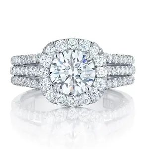 Luxury Cushion Halo Engagement Ring Set |   3-Row Pave CZ Band |   Platinum Plated |   Perfect for Proposal & Anniversary