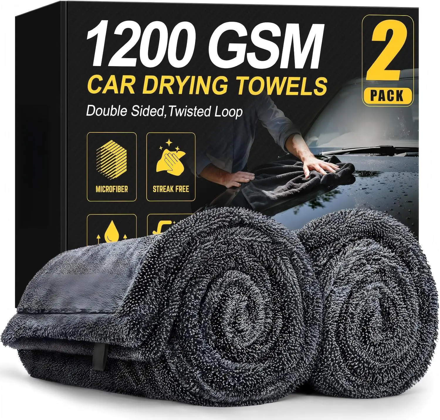 【DealsForYouDays】2-Pack 1200 GSM Car Drying Towels – Microfiber Towels for Cars (36" x 24"), Ultra-Absorbent, Streak-Free, Scratch-Free, No Water Spots, Double-Twist Pile & Edgeless Design - Car Wash Accessories!