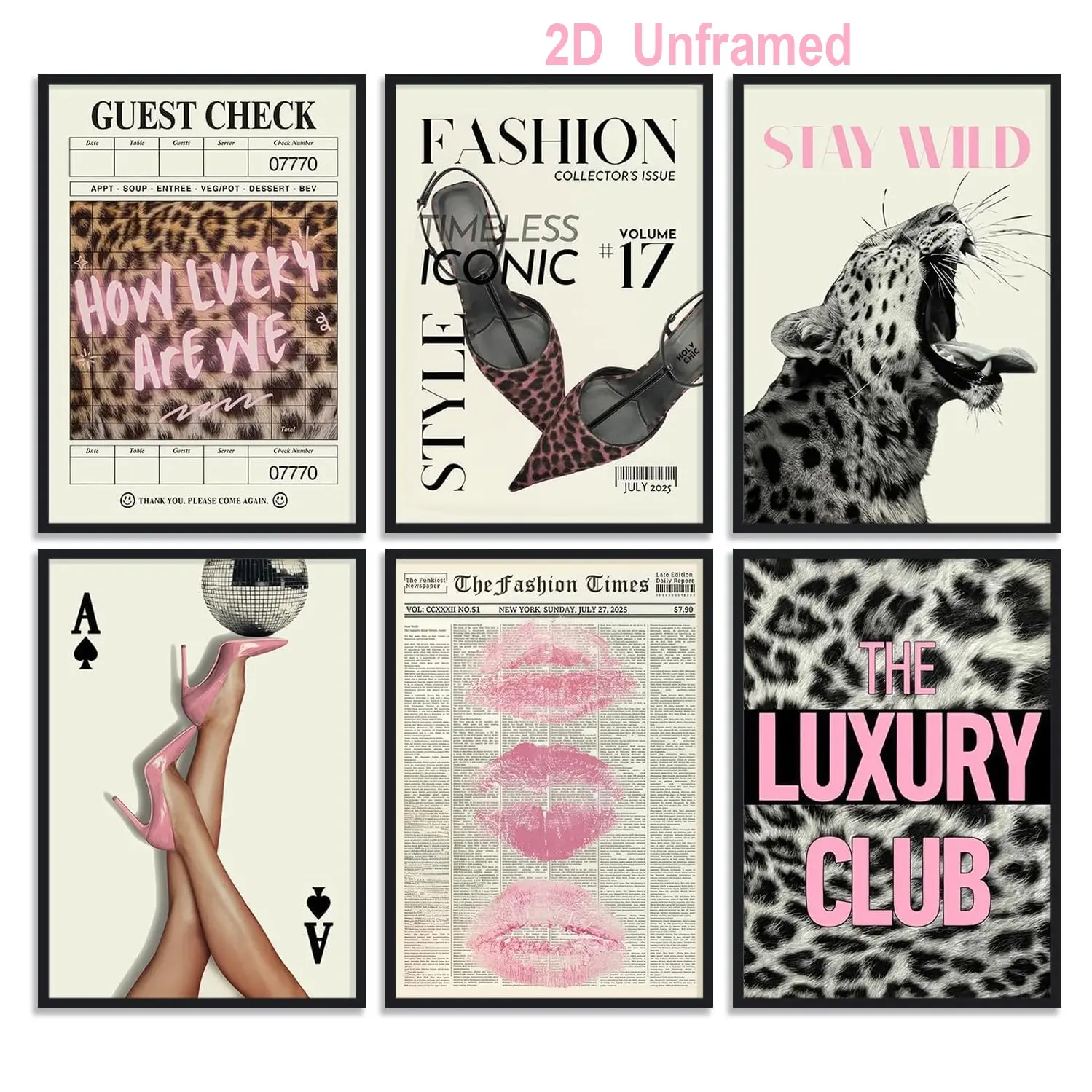 6-piece set of frameless, trendy pink leopard-print wall art, vintage magazine-style wall decor featuring women, avant-garde cheetah and high-heel Y2K aesthetic posters, preppy-style printed artwork, Wall picture decor