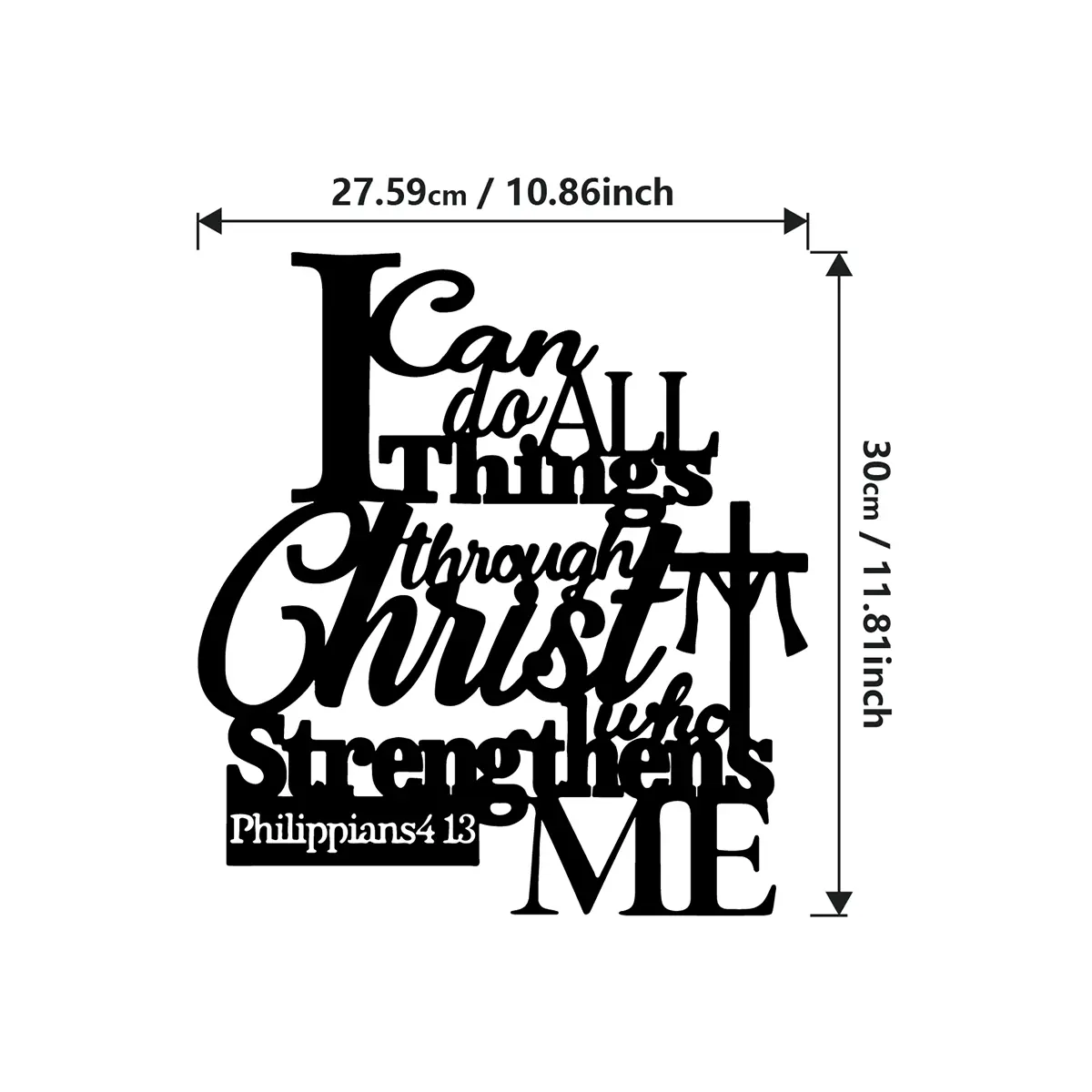 Black Metal Christianity Wall Art (27.59cm x 30cm) with Bible Quote "I Can Do All Things Through Christ", Classic Jesus Cross Symbol, Crucifix Pendant, Religious Home Decor Ornament, Bedroom Indoors Room Decor, Christian Faith Gift for Outdoor Camping, Mo