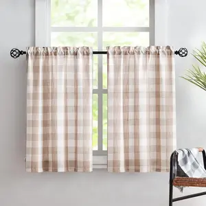 Treatmentex Plaid Country Kitchen Curtains 24inch Taupe Tier Curtain Set for Basement Laundry Small Windows Semi Sheer Bathroom Window Curtains 27" W x 2 Pcs