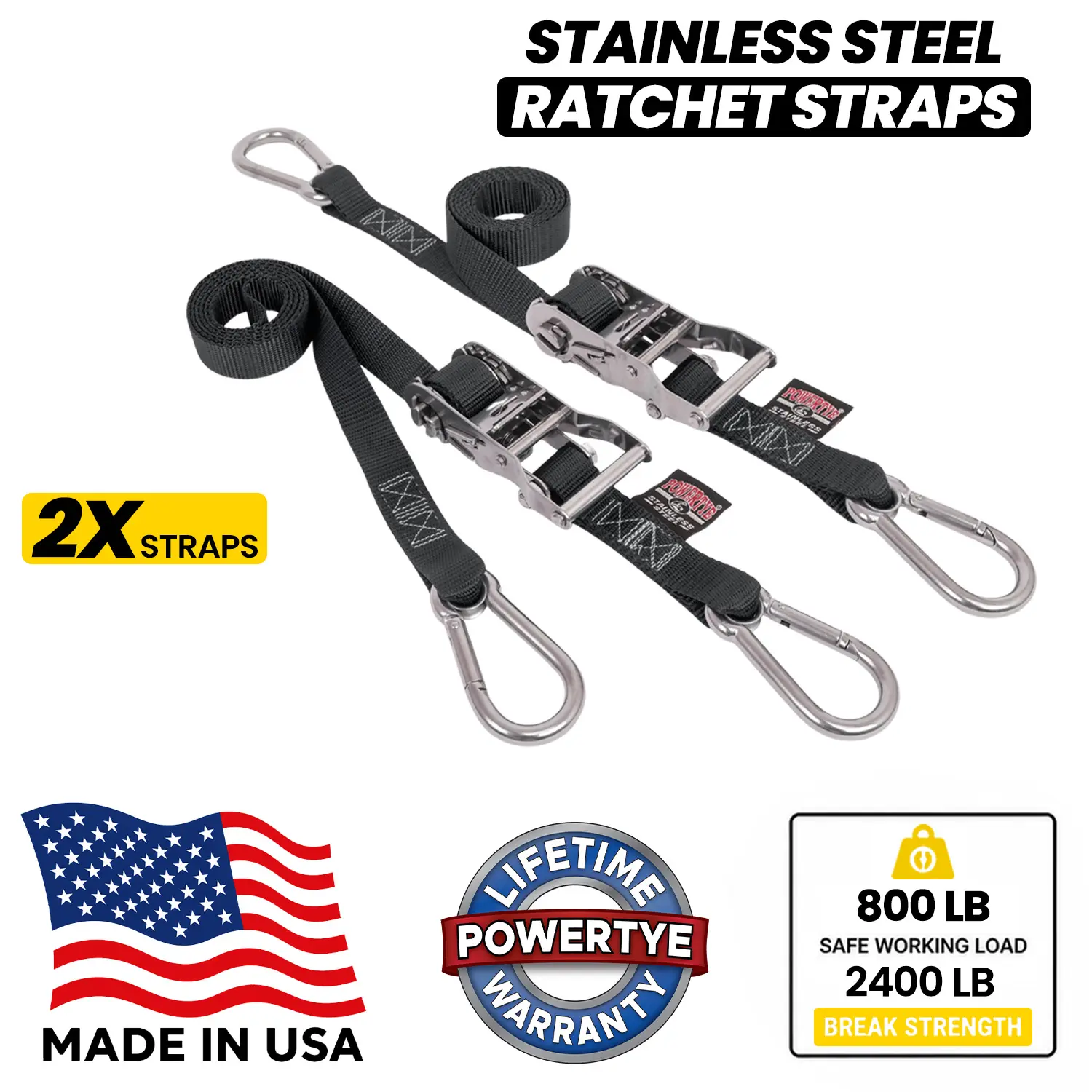 PowerTye 1 inch x 5ft Stainless Steel Ratchet Straps with Stainless Steel Carabiner Hooks, 800lb Working Load / 2400lb Break Strength, for Boats, Cargo & Marine Use, Made in USA (2-Pack) - See Available Color options!