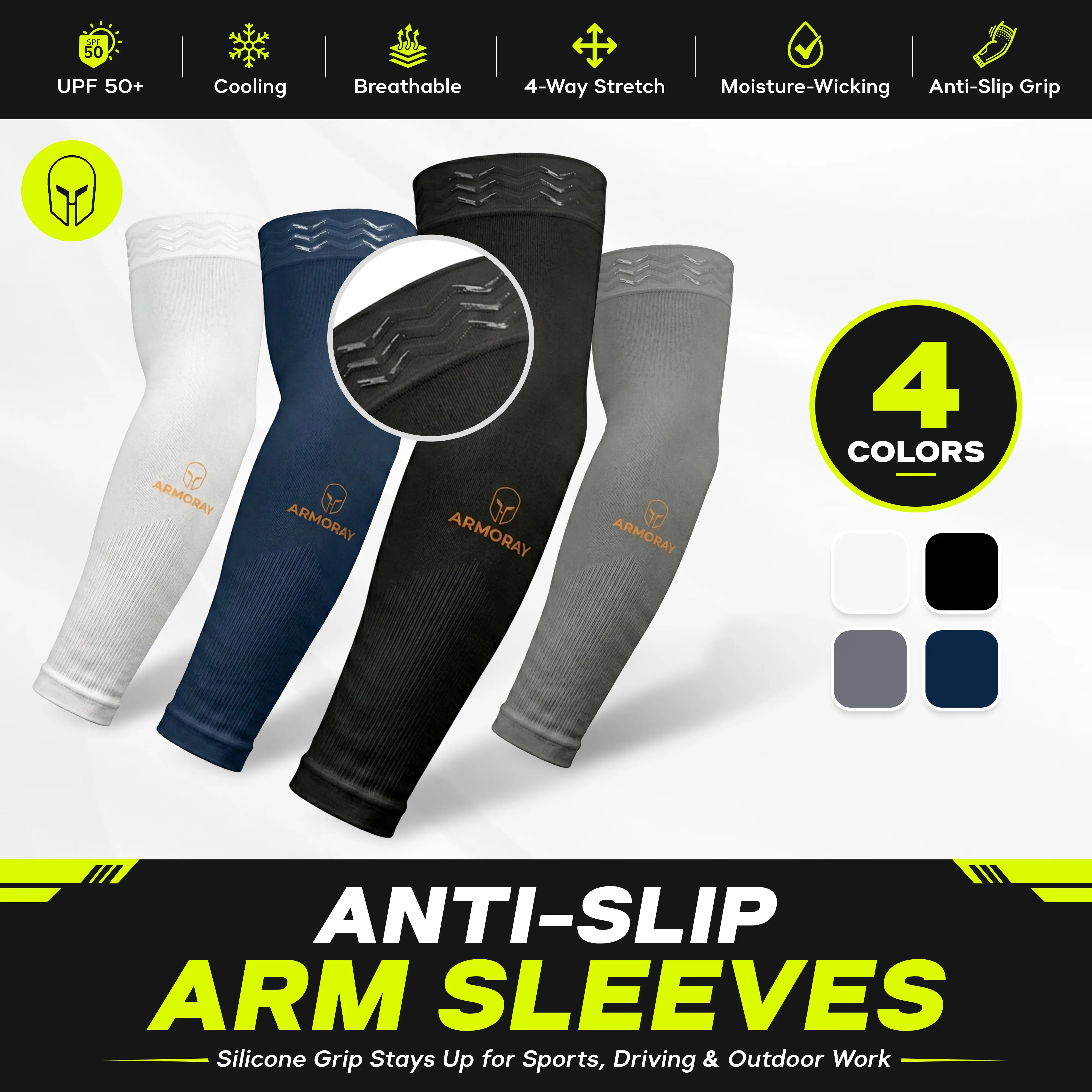 ARMORAY Anti-Slip Arm Sleeves for Men & Women, UPF 50+ Cooling UV Protection Tattoo Cover Sports Sleeves