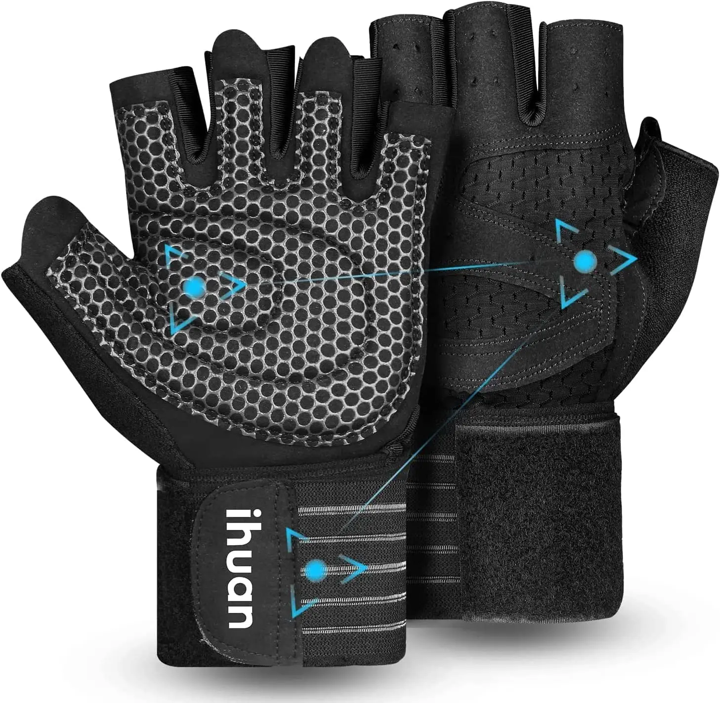 ihuan Ventilated Weight Lifting Gloves with Wrist Wraps – Full Palm Protection Gym Gloves for Men &amp; Women