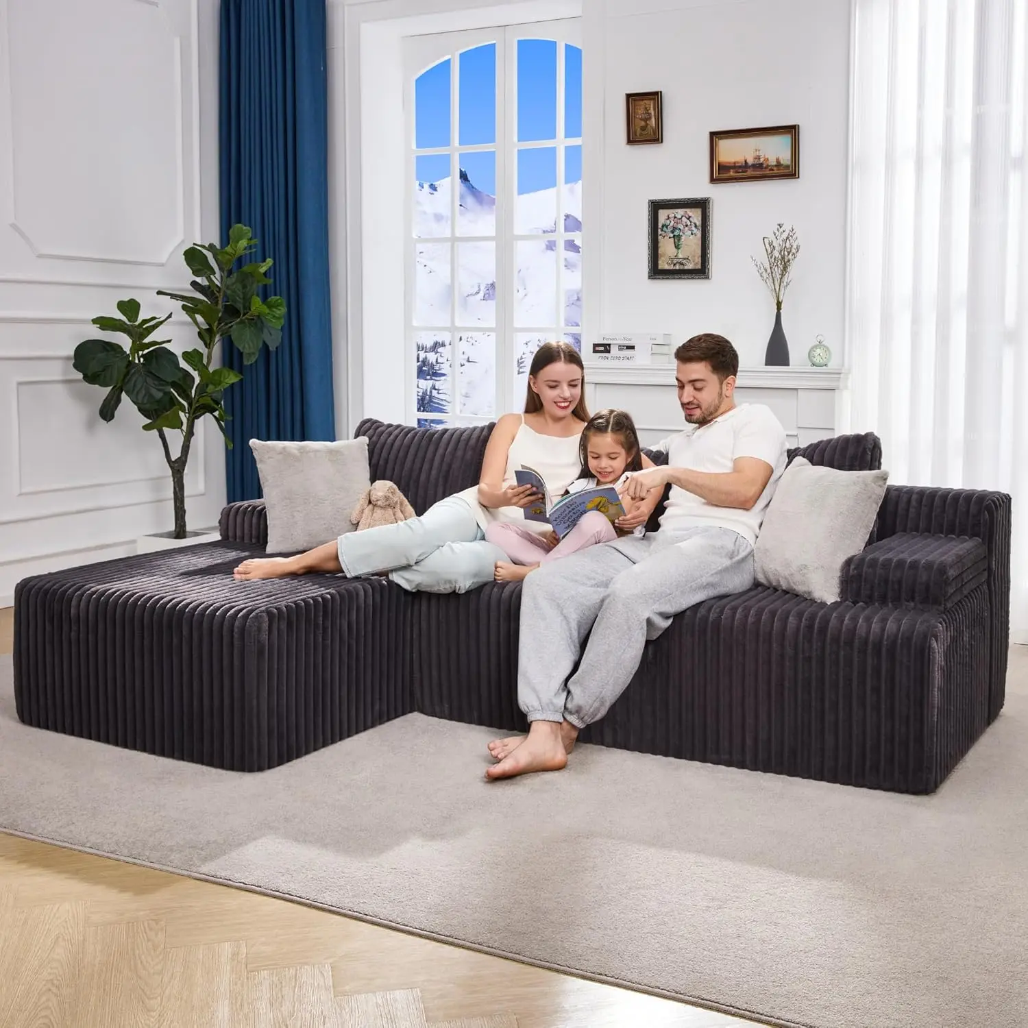 【Hobestluk】Modular Sectional Sofa Couches L-Shape Couch 3 Seat Modular Sofa Memory Foam Cloud Couch with Oversized Chaise for Living Room