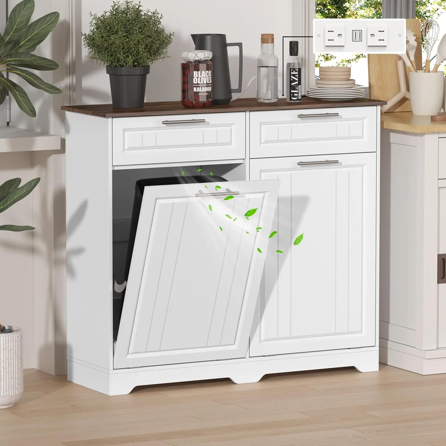 White Wooden Double 10-Gallon Tilt-Out Trash Can Cabinet - Deodorizing Function, Power Outlet, 2 Storage Drawers, Stainless Steel Accents, Waterproof, No Marks or Smudges - for Kitchen, Bedroom, Outdoor Home Supplies