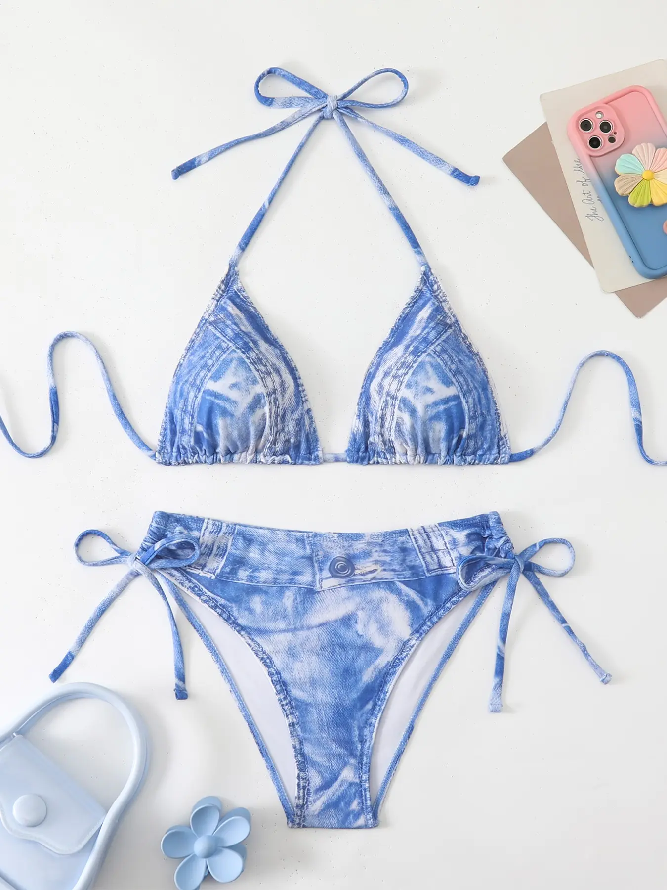 New Denim Print Bikini Set, Sexy Halter Neck Split Swimwear for Women, European and American Style Summer Bikini Beach