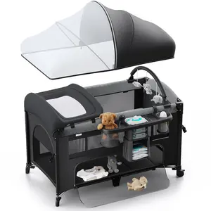 BabyBond Baby Crib 5 in 1 Foldable Baby Bassinets Bedside Sleeper,Large Playard Pack with Mattress, Storage Basket and Mosquito Net, Height Adjustable for Nursery, Ideal Chirstmas Gift for Baby,  Babyshower Gift