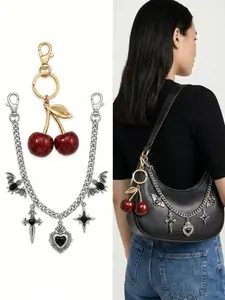 2pcs Y2K Aesthetic Bag Charms Set Vintage Silver Gothic Bat Cross Chain & Cute Coquette Glitter Cherry Keychain Purse Accessories For Women Charms For Bags