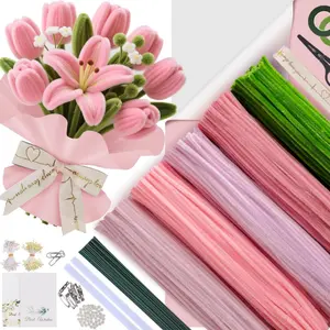 Pipe Cleaners Craft Kit for Flower Making Colorful Chenille Pipe Cleaners Complete DIY Bouquet Set with Chenille Stems, Craft Wire, Stamen, Tape, Ribbon