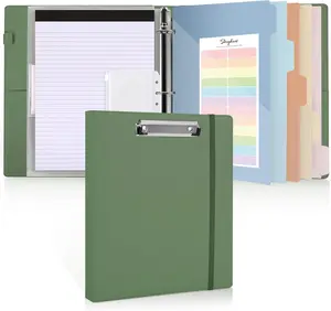 Clipboard Binder with Refillable Notepad, PU Clipboard Folder Includes 5 Dividers with 10 Pockets, Labels, 1 Inch 3 Ring Binder for School Office, Fits Letter Sized Paper, Olivegreen