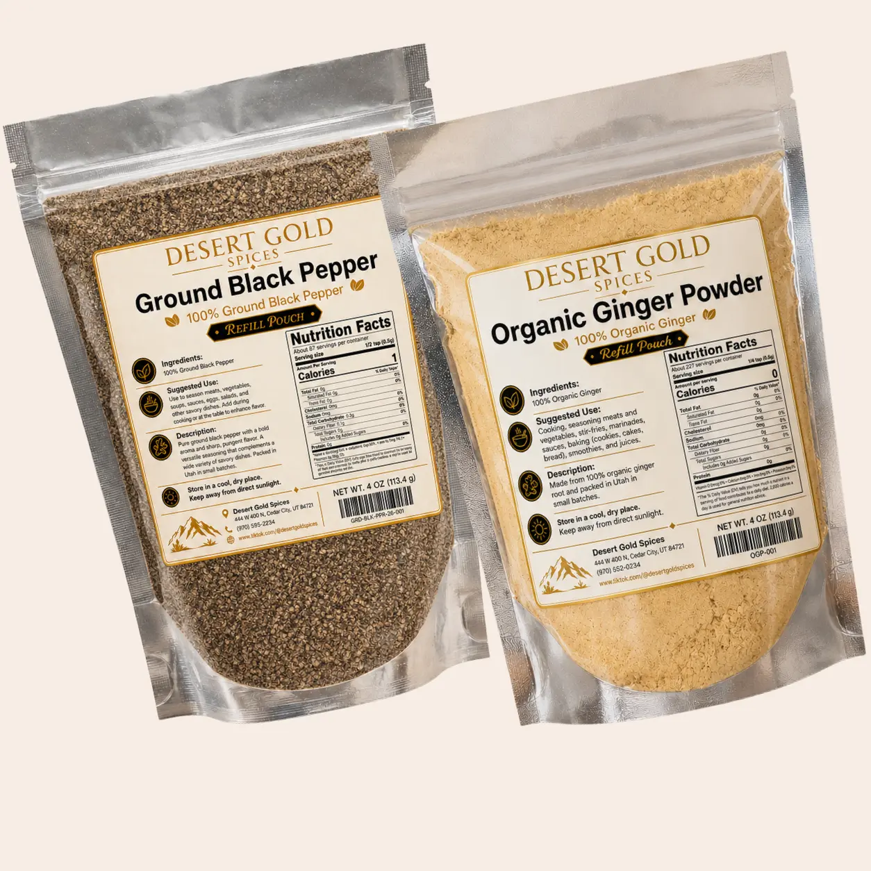 Desert Gold Spices Organic Ginger Powder & Ground Black Pepper 2-Pack – Two 4 oz Resealable Pouches | 100% Organic Ginger Root + Pure Ground Black Pepper | Cooking & Seasoning Bundle Flavor