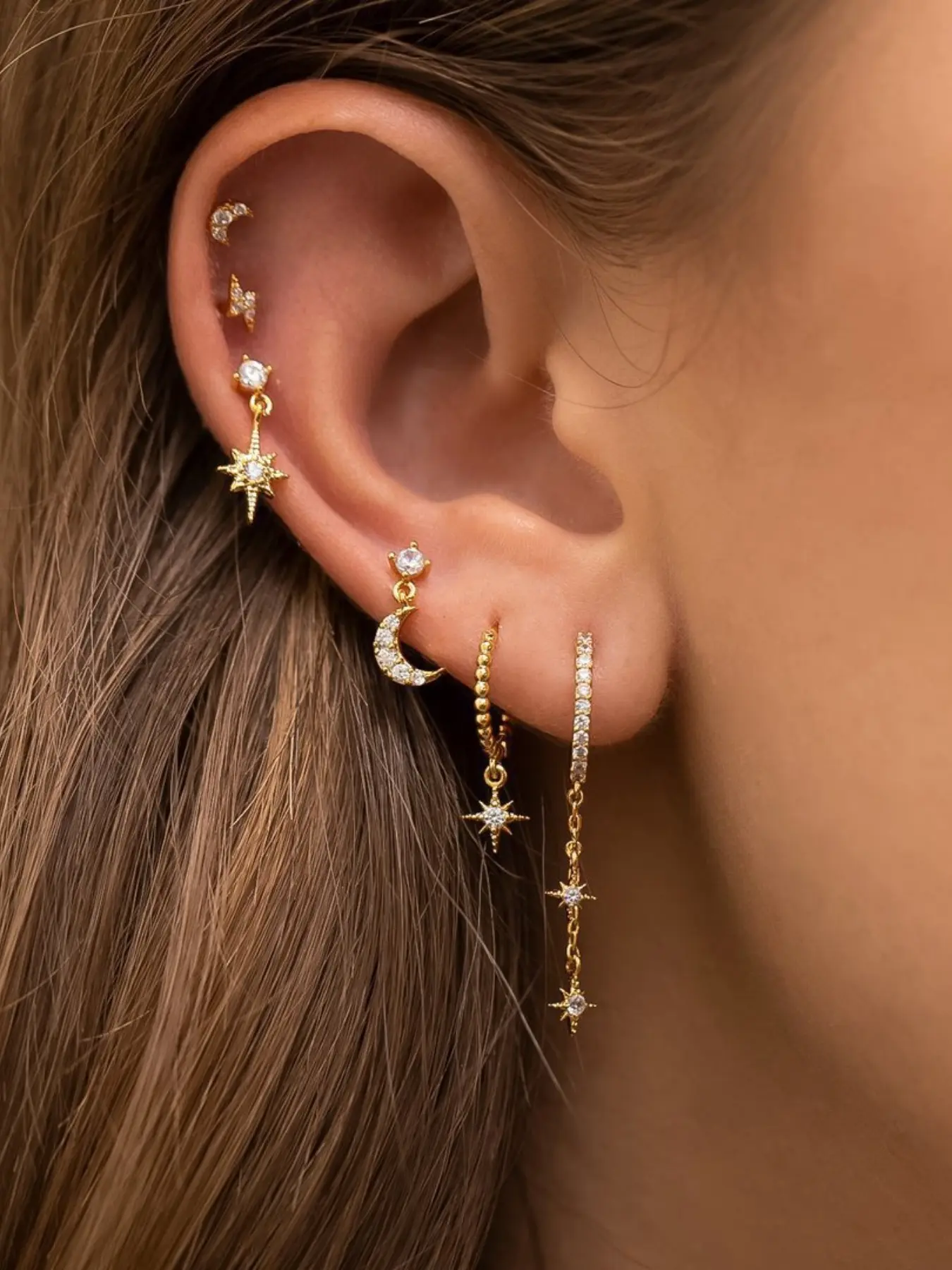 6 Pices Earring Set Elegant Star Moon Lightning Design - Synthetic Zirconia Metal Coating Stackable Hoop Earrings for Women & Girls Holiday Party Engagement, Perfect for Wedding Jewelry, Daily Wear Anniversary Gift, Versatile Earrings Earring Pack