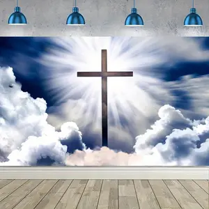 Summervibes 1PC Polyester 2D Flat Easter Jesus Cross Backdrop - Christian Religious Church Worship Decoration Cloth, Birthday Party Shooting Background Curtain, Festive Gathering Prop,summervibes