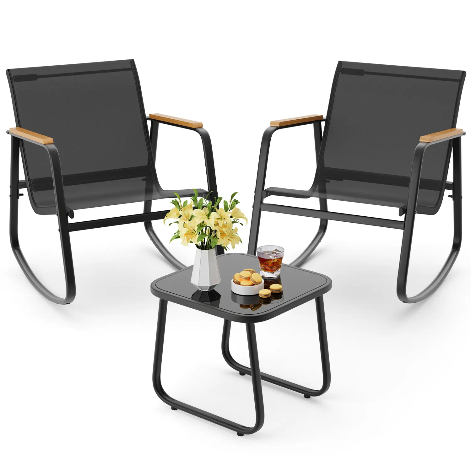 GIZOON 3-Piece Rocking Bistro Patio Conversation Set - Textilene Fabric Outdoor Furniture Set with Rocker Chairs, Balcony Coffee Table for Backyard, Lawn (Black),outdoorfurnitureset