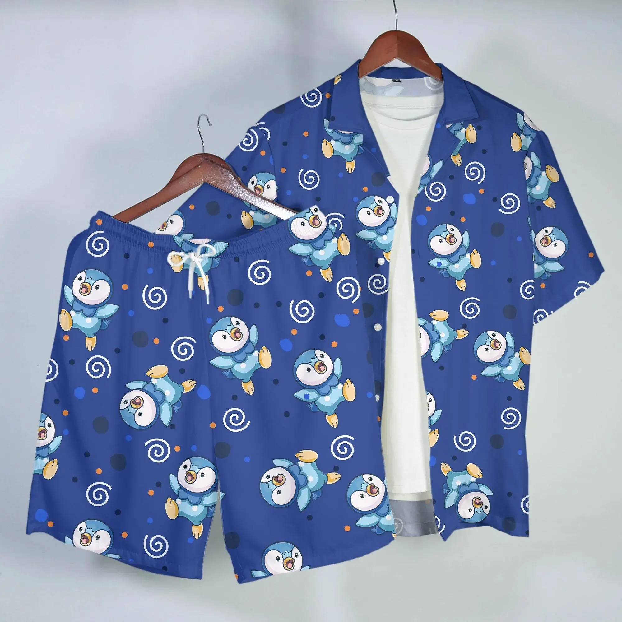 Piplup Hawaiian Set Tropical Button Up Shirt Cute Summer Beach Short Blue Pattern Matching Set Unisex Outfit Piplup Shirt Gifts