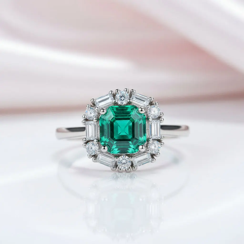 Asscher Cut Emerald Green Diamond Option Engagement Ring