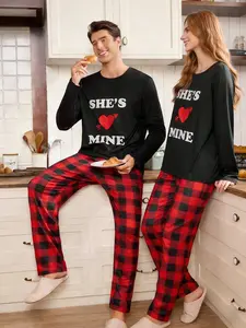 Viral Valentine's Day Couple Pajamas! Men's 'She's Mine' Graphic Fitted Long Sleeve Top & Red Black Buffalo Plaid Checkered Pants Set, Buttery Soft Loungewear, Perfect for Cozy Nights In, Date Night, and Matching Couple Outfits | Trending PJs 2026