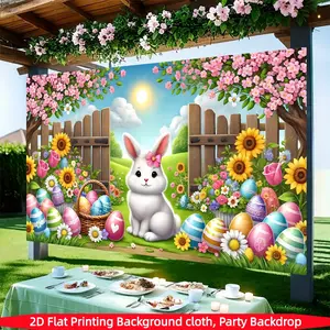 Easter Bunny Background Banner, Polyester Fabric, Garden Scene with Rabbits and Eggs, Spring Decor, Party Decoration, Home Outdoor Use, Photo Backdrops, Garden Decorations, Decorative Banner, Party Decorations Banners