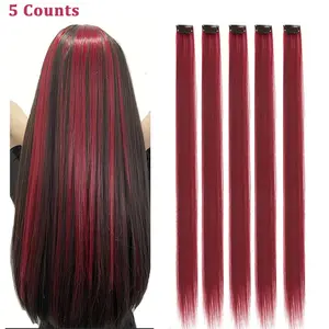 20 inch Colored Hair Long Straight Extensions, Christmas Party/Cosplay Colorful Highlights Clip in Synthetic Hair Extensions, Burgundy Color Hairpieces for Girls Women Favor Gift