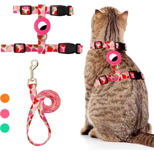 Harness and Leash Escape Proof for Walking Travel Outdoor - Cute Strawberry Nylon Adjustable Cute  Harness Leash Set with Airtag Holder for Small Large Cats