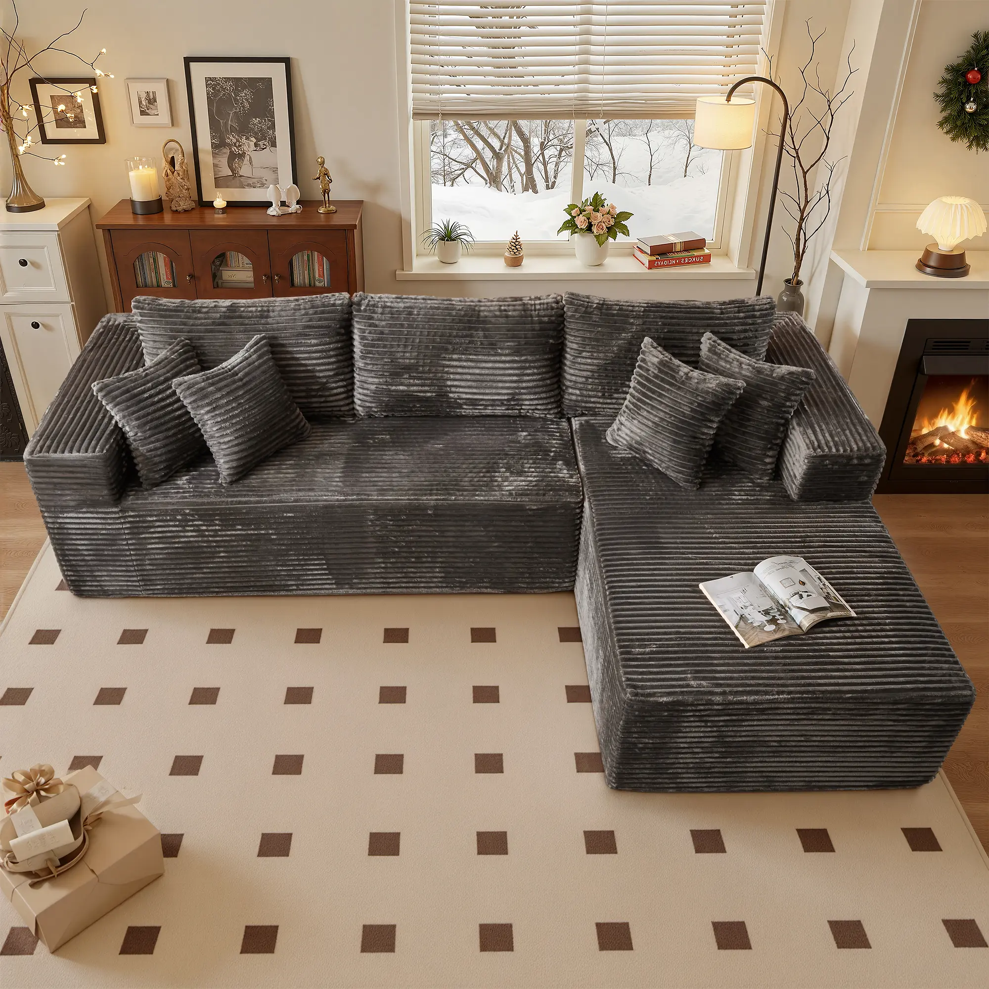 108" Gray Plush Right Chaise NO Ottoman