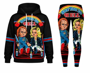 Chucky Horror Hoodie and Leggings Set for Women – Halloween Workout Outfit, Scary Doll Graphic Gym Wear, Sleeveless Cut-Out Hoodie with Matching Pants