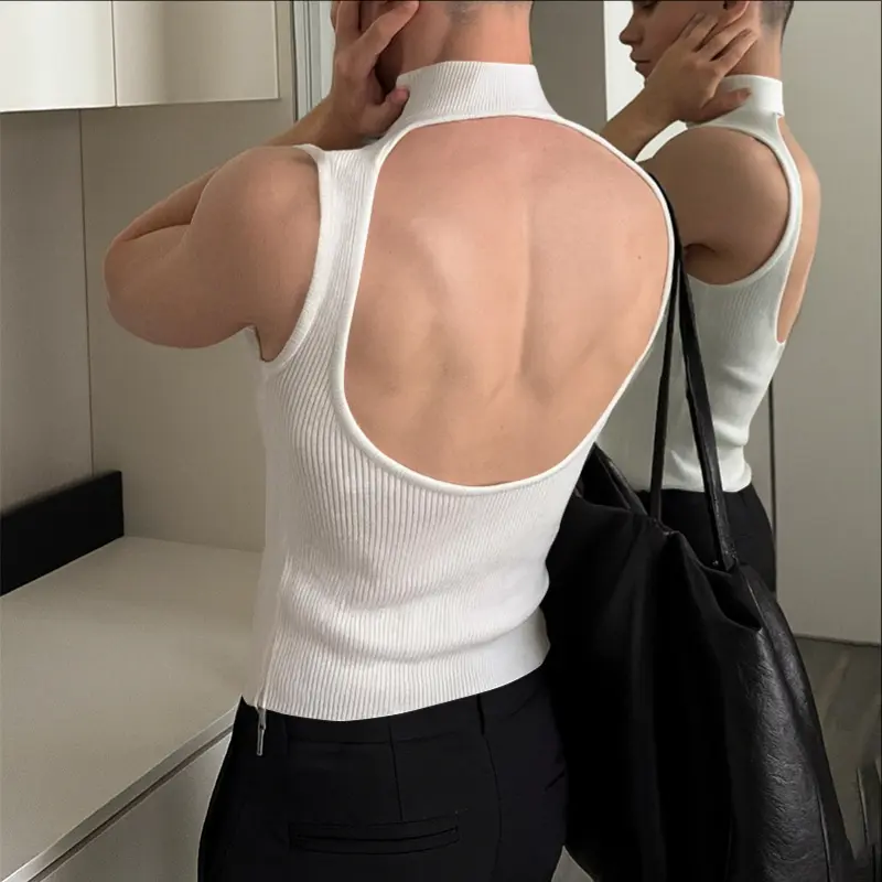 INCERUN Men's Ribbed Knit Sleeveless Tank Top - Minimalist Classic Menswear, Sexy High Neck, Backless Cutout, Fitted Sporty Chic Athleisure Vest for Gym, Party Wear