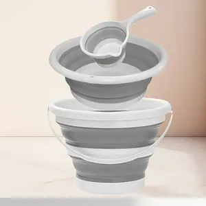 Foldable Compact Bucket with Handle, Collapsible Wash Basin & Small Handy Water Spoon Set - Sturdy Home Supply for Outdoor Car Washing, Laundry Organization