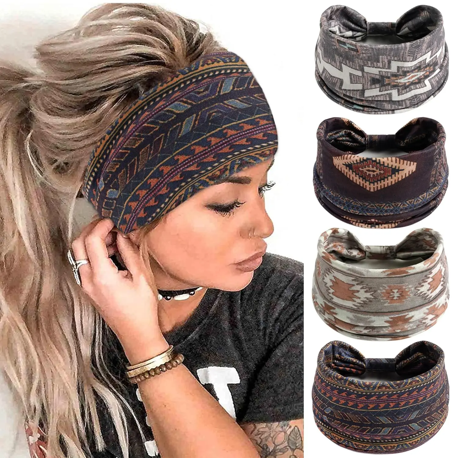 4 Pack Wide Boho Headbands for Women, Stretchy African Print Cotton Hair Wraps, Anti-Sweat Non-Slip Turban for Yoga & Fashion, Stretchy Headbands, African Print Headbands
