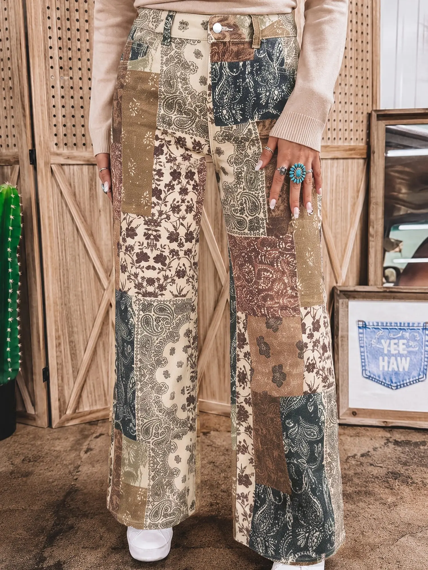 Women's Vintage Patchwork Print Jeans, Relaxed Fit Casual Denim Pants