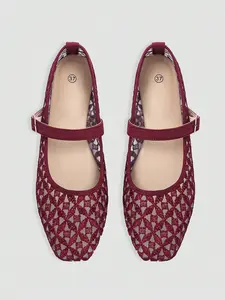 Women's Fashion Square Toe Casual Party Office Slip-On Breathable Woven Hollow Out Mesh Comfort Flat Shoes Casual Flats