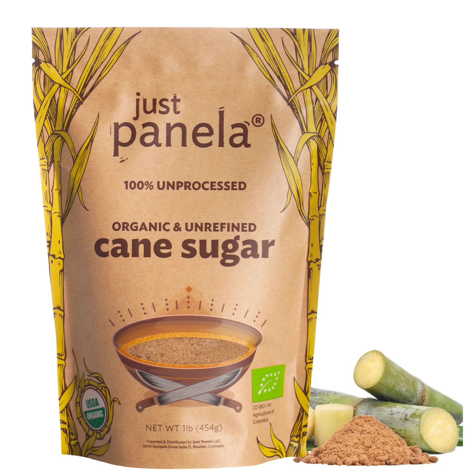 Just Panela Unrefined Cane Sugar - 1 Pound Pack - Sweeten Your Coffee with Natural Organic Cane Sugar - Unprocessed and Handcrafted Cane Sugar with Intact Natural Minerals - Jaggery Powder Flavor