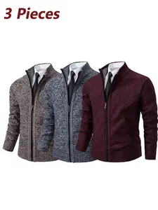 Three-Piece Fall/winter Men's Stand Collar Zip Knit Sweater Jacket, Casual, Soft Comfortable, Slim Fit, Thick Warm, Pocket Design, Durable Fabric