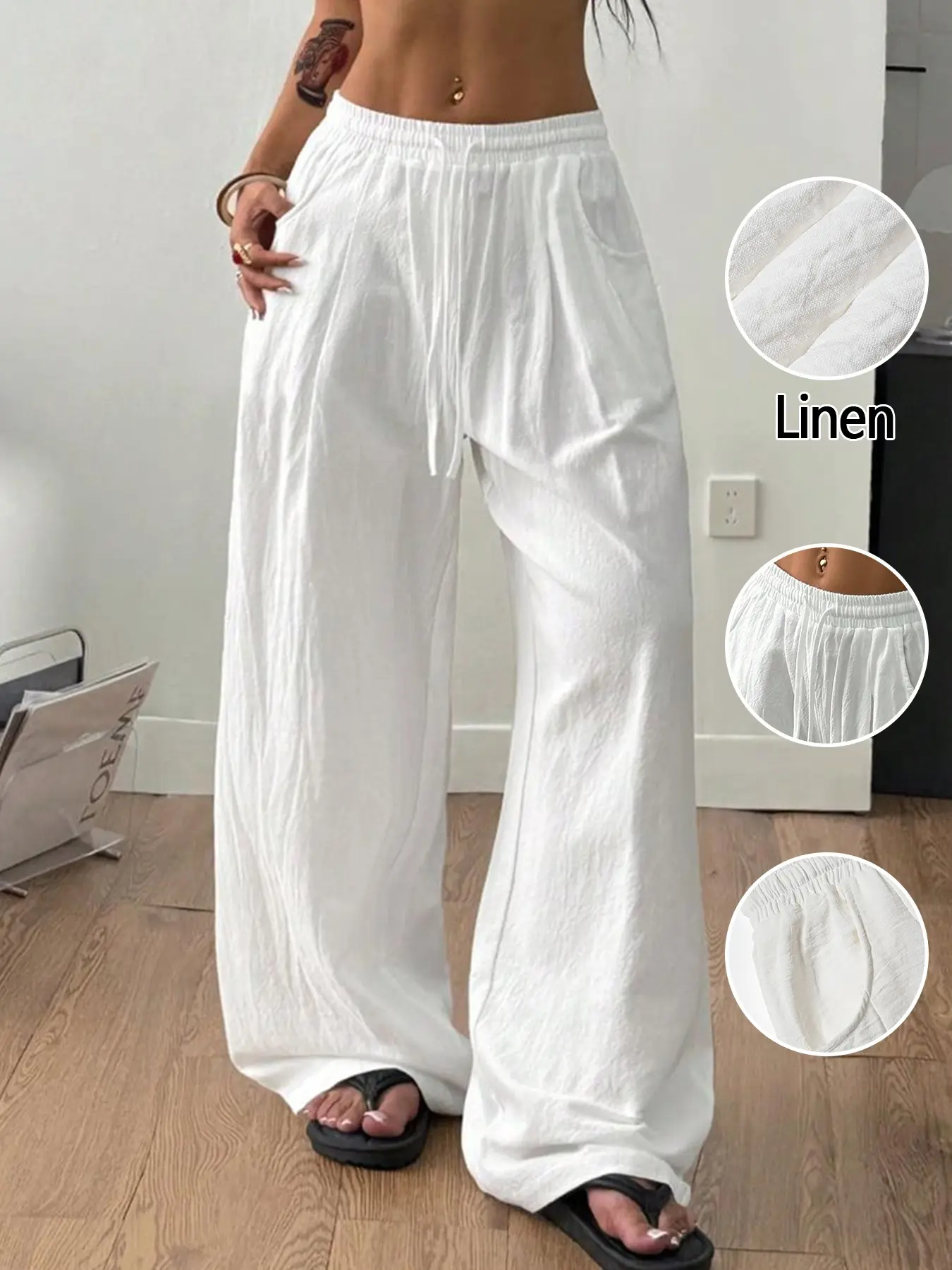 Women's Summer, Breathable Linen Palazzo Pants Boho Flowy Solid Color Wide Leg Beach With Pocket Casual Elastic High Waist Travel Vacation Date Brunch Home Work Streetwear Outfit Casual Chic Trousers Breathable Elastic Bottoms, Casual Elastic Waisted