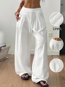 Women's Summer Linen Palazzo Pants Boho Classical Flowy Solid Color Wide Leg Beach Trousers With Pocket Casual Soft Elastic High Waist Lounge Pants Basic Minimalist Travel Vacation Bottoms Date Brunch Home Work Streetwear Country Concert Outfit Womenswear