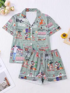 Women's All Over Print Lapel Neck Pocket Shirt & Shorts Pyjama Two-piece Set, Casual Comfy Short Sleeve Top & Shorts PJ Set, Ladies Summer Sleepwear, Loungewear