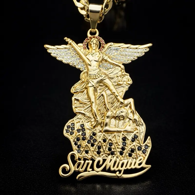 Unisex Elegant Saint Michael Archangel Religious Pendant Necklace - Black Bling Crystal Accents, 4mm Figaro Chain-Link, Brass Base, 18in & 24in Long, Elegant Casual & Daily Wear Costume Jewelry