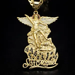 Saint Michael Archangel Black Color Bling Crystal Pendant with Figaro Link Chain Necklace 18" 4mm-San Miguel Medal Archangel - Religious Jewelry Unisex Piece - St. Michael Pendant Charm for All Occasions