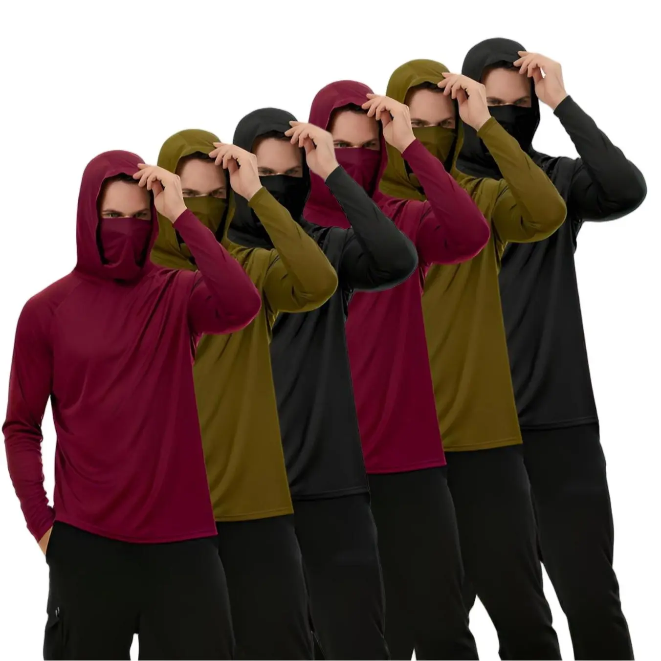 6-Piece Set Men's UPF 50+ Hooded Long-Sleeve Sun Protection Shirt, Quick-Dry, Sun Protection, Fishing, Cycling, Sports Sun Protection Shirt with Face Cover, Outdoor Sports Top