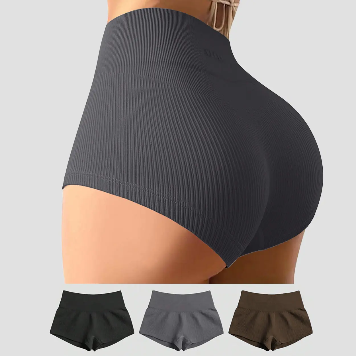 3-Pack Ribbed High Waist Yoga Shorts Tummy Control Butt Lifting Workout Shorts
